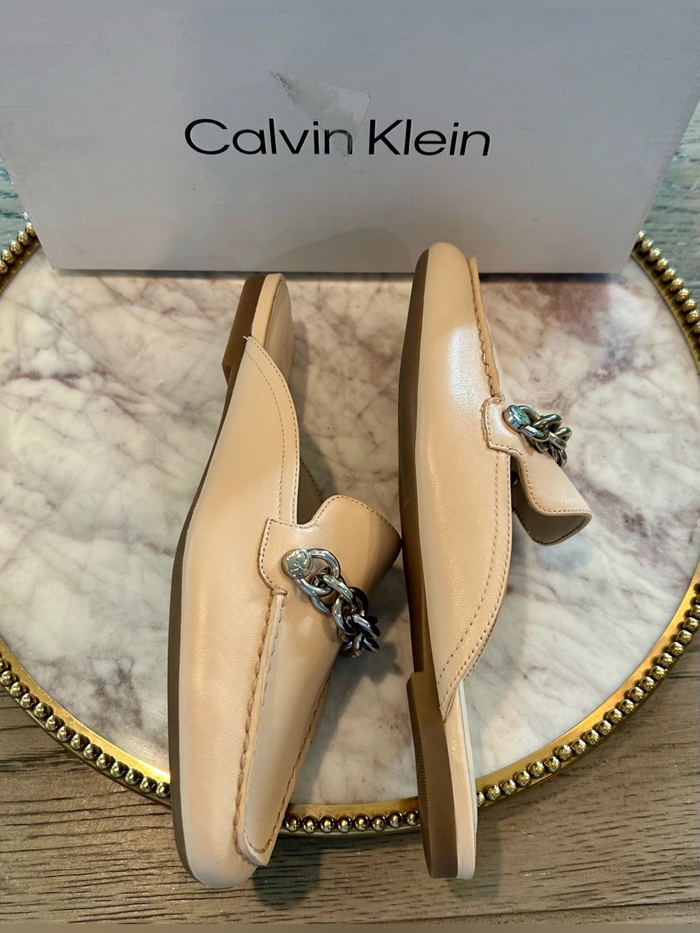 Calvin Klein Nude Leather Chain-Accent Slip-On Mules | Sz. 6 (NWB) - Picture 2 of 6